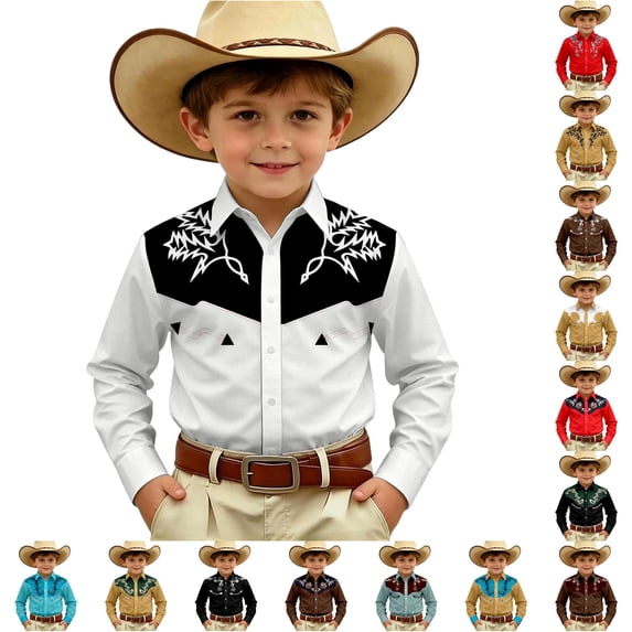 WhouRiu Boys Western Cowboy Style Graphic Shirt Fall Casual Long Sleeve Button Up Shirts 4-13 Years