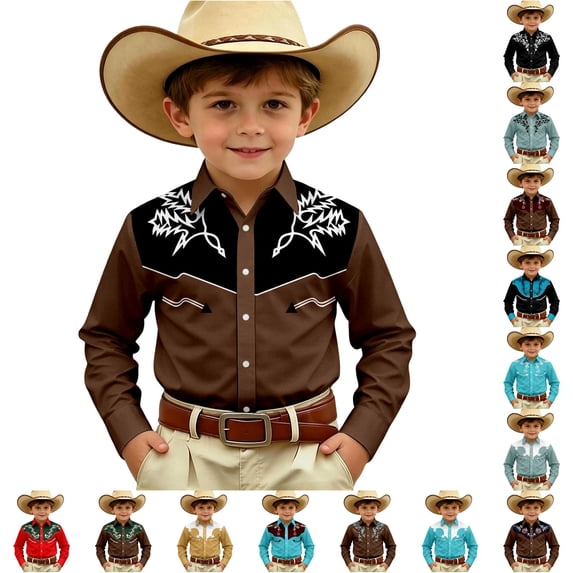 WhouRiu Boys Western Cowboy Style Graphic Shirt Fall Casual Long Sleeve Button Up Shirts 4-13 Years