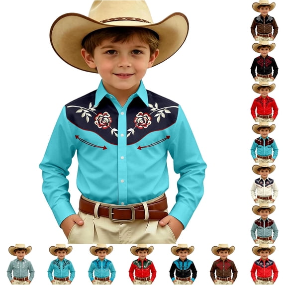 WhouRiu Boys Western Cowboy Style Graphic Shirt Fall Casual Long Sleeve Button Up Shirts 4-13 Years