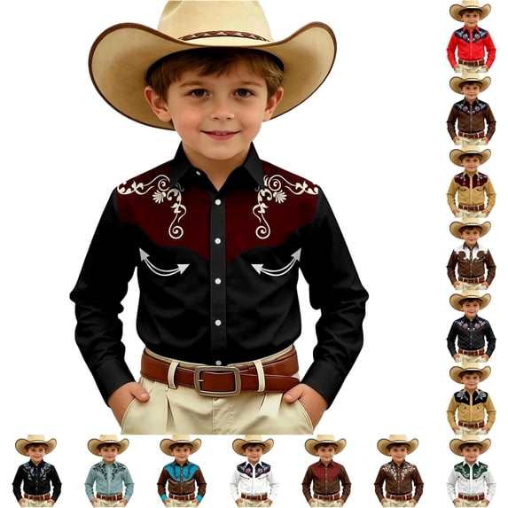 WhouRiu Boys Western Cowboy Style Graphic Shirt Fall Casual Long Sleeve Button Up Shirts 4-13 Years