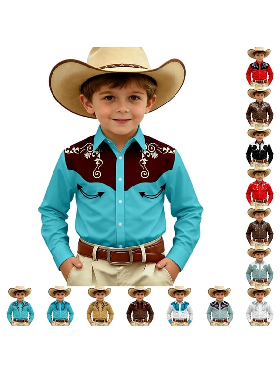 Boys Western Cowboy Style Graphic Shirt Fall Casual Long Sleeve Button Up Shirts 4-13 Years