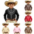 thumbnail image 1 of WhouRiu Boys Western Cowboy Style Shirts Casual Floral Printed Long Sleeve Button Down Shirts Kids Fashion Comfortable Cute Everyday Tops,8-9 Years, 1 of 4