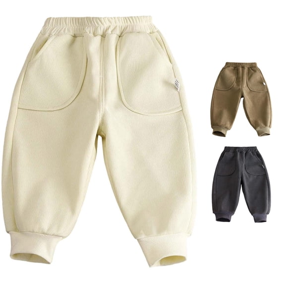 WhouRiu Boys Winter Lined Pants Solid Color Ribbed Warm Elastic Waist Joggers Sweatpants Kids Comfortable Thickened Cute Trousers,18-24 Months
