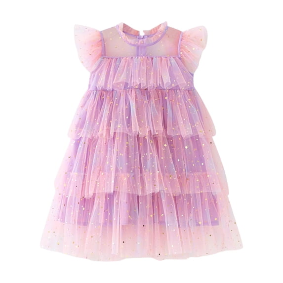 WhouRiu Dress for Little Girl Sleeveless Rainbow Tiered Tutu Dress Children Fashion Party Pageant Celebration Dresses Purple,Size 6-7 Y