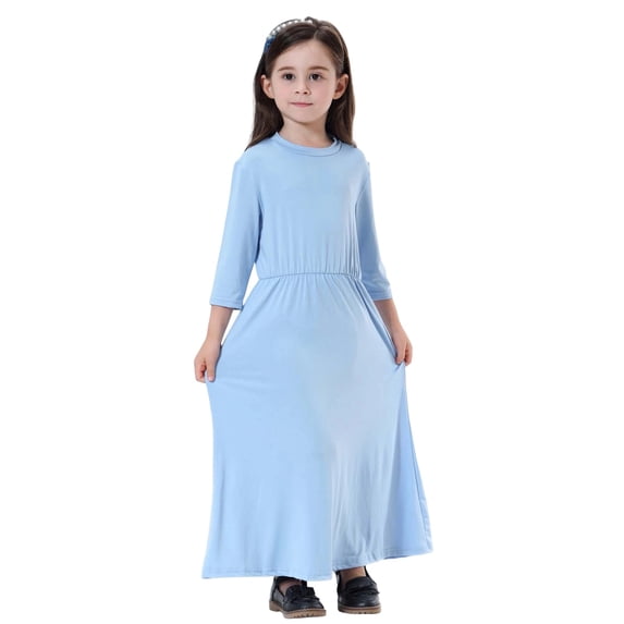 WhouRiu Dress for Little Girls' Elegant Long Sleeve Maxi Dress Kids Solid Party Wear Comfortable Daily Dresses Blue,Size 6-7 Y