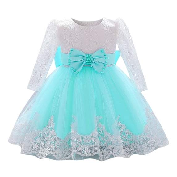 WhouRiu Dresses for Girl Lace Embroidery Long Sleeve Birthday Gown Baby Evening Pageant Party Wedding Tulle Dress Green,Size 6-12 M