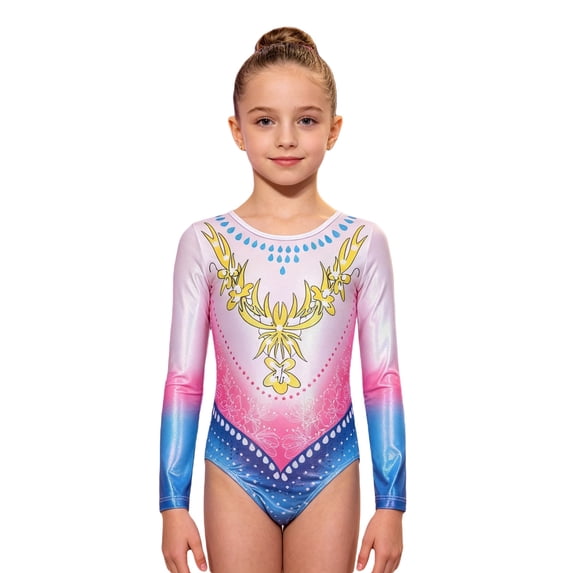 WhouRiu Girls Athletic Long Sleeve Jumpsuit Cartoon Graphic Crew Neck Leotard Kids Gymnastics Ballet Dance Performance Onesies,9-10 Years