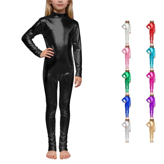 WhouRiu Girls Athletic Long Sleeve Jumpsuit Solid Color High Neck Leotard Kids Comfortable Breathable Cute Dance Performance Onesies,10-12 Years