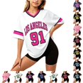 thumbnail image 1 of WhouRiu Girls Athletic Short Sleeve V Neck Tshirt Letter Number Graphic Tees Summer T Shirts 2-16 Years, 1 of 4