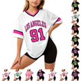 thumbnail image 1 of WhouRiu Girls Athletic Short Sleeve V Neck Tshirt Letter Number Graphic Tees Summer T Shirts 2-16 Years, 1 of 4