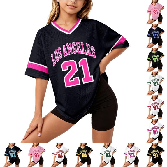 WhouRiu Girls Athletic Short Sleeve V Neck Tshirt Letter Number Graphic Tees Summer T Shirts 2-16 Years
