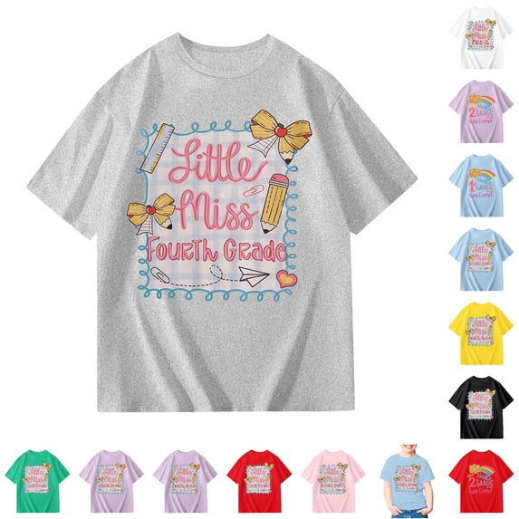 WhouRiu Girls Back To School T Shirts Short Sleeve Crew Neck Cartoon Graphic Tees Kids Comfortable Cute Casual Tshirt,7-8 Years
