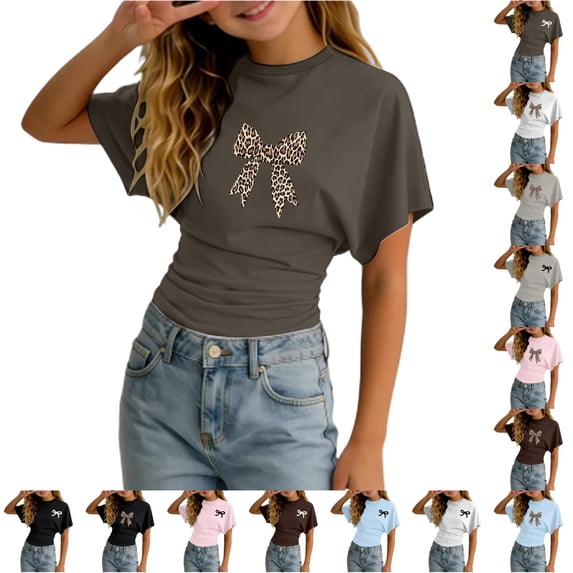 WhouRiu Girls Bow Graphic Tees Kids Short Sleeve Crew Neck Tshirt Comfortable Cute Casual Summer T Shirts,11-12 Years