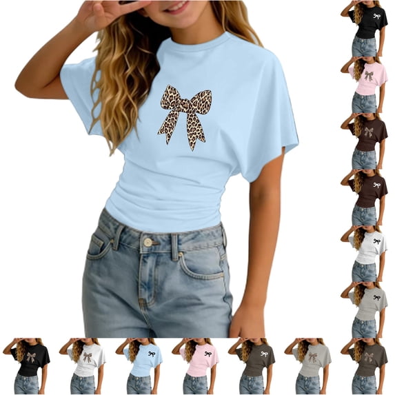 WhouRiu Girls Bow Graphic Tees Kids Short Sleeve Crew Neck Tshirt Comfortable Cute Casual Summer T Shirts,11-12 Years