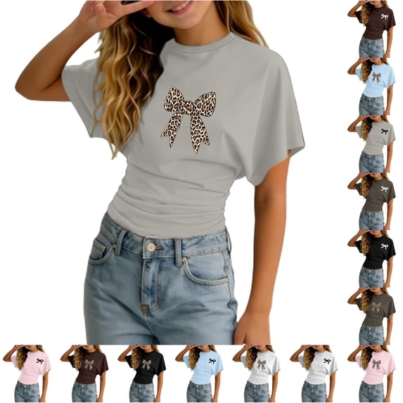 WhouRiu Girls Bow Graphic Tees Kids Short Sleeve Crew Neck Tshirt Comfortable Cute Casual Summer T Shirts,7-8 Years