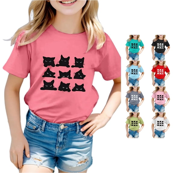 WhouRiu Girls Cartoon Graphic Tees Kids Short Sleeve Crew Neck Tshirt Comfortable Cute Casual Summer T Shirts,10-11 Years