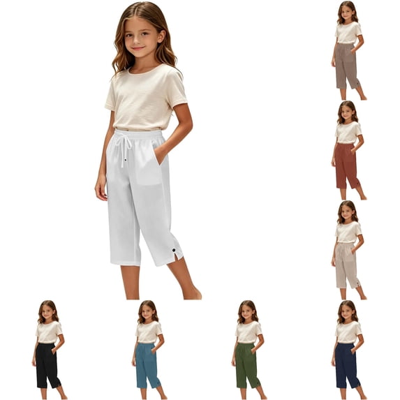 WhouRiu Girls Casual Beach Pants Summer Solid Color Drawstring Waist Cropped Trousers Kids Comfortable Lightweight Trousers With Pockets,5-6 Years