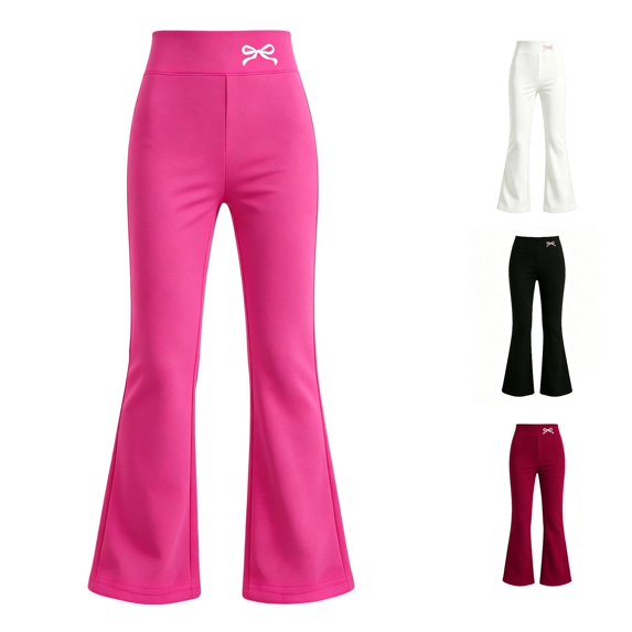 WhouRiu Girls Casual Flared Pants Back To School Bow Graphic Elastic Waist Loose Trousers Kids Comfortable Cute Everyday Wear,9-10 Years