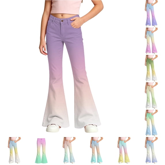 WhouRiu Girls Casual Flared Pants Fashion Gradient Color Rigid Waist Trousers With Pockets Kids Back To School Comfortable Everyday Wear,13-14 Years