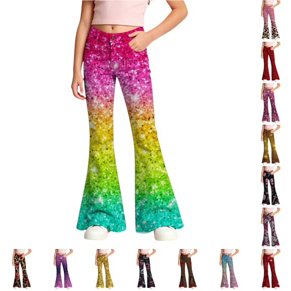 WhouRiu Girls Casual Flared Pants Fashion Graphic Rigid Waist Trousers With Pockets Kids Comfortable Cute Everyday Wear,5-6 Years