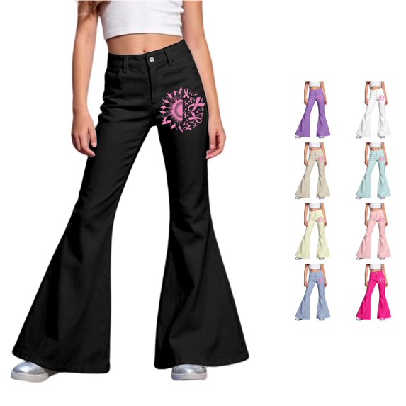 WhouRiu Girls Casual Flared Pants Fashion Graphic Rigid Waist Trousers With Pockets Kids Comfortable Cute Everyday Wear,5-6 Years