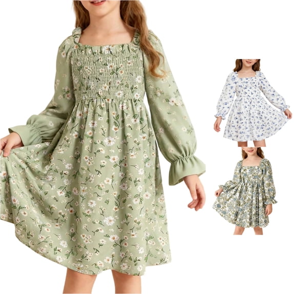WhouRiu Girls Casual Floral Graphic Dresses Puffed Long Sleeve Square Neckline Ruffle Dress Kids Comfortable Cute Everyday Sundress,6-7 Years