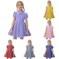 thumbnail image 1 of WhouRiu Girls Casual Ruffle Dresses Polka Dot Graphic Puffy Short Sleeve Dress Kids Comfortable Cute Summer Everyday Sundress,6-7 Years, 1 of 9