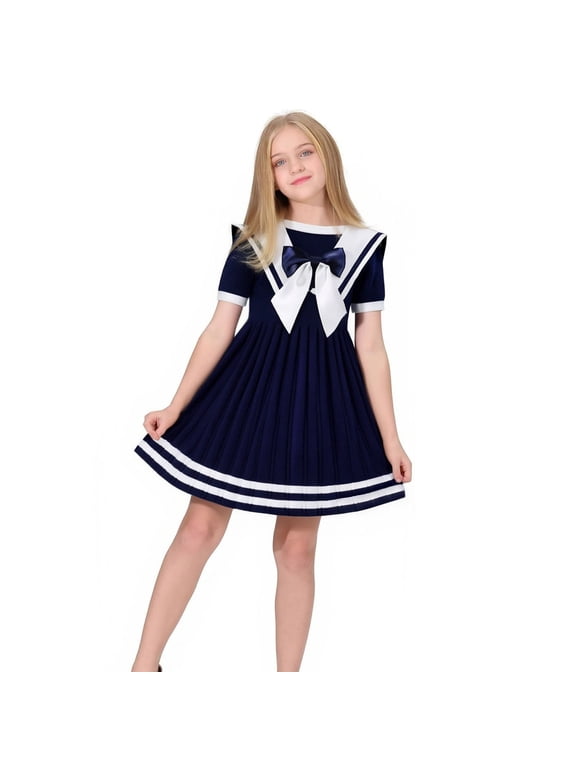 Girls Casual School Pleated Dress Kids Summer Short Sleeve Sailor Collar Dresses