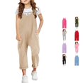thumbnail image 1 of WhouRiu Girls Casual Sleeveless Jumpsuits Solid Color Spaghetti Strap Loose Overalls With Pockets Kids Lightweight Breathable Onesies,6-7 Years, 1 of 4