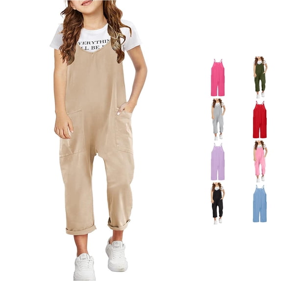 WhouRiu Girls Casual Sleeveless Jumpsuits Solid Color Spaghetti Strap Loose Overalls With Pockets Kids Lightweight Breathable Onesies,6-7 Years