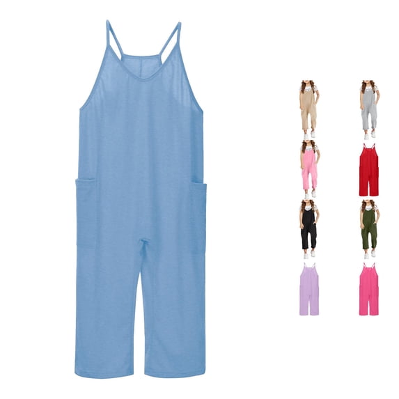 WhouRiu Girls Casual Sleeveless Jumpsuits Solid Color Spaghetti Strap Loose Overalls With Pockets Kids Lightweight Breathable Onesies,6-7 Years