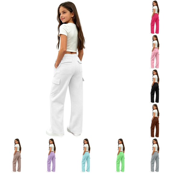 WhouRiu Girls Casual Solid Color Sweatpants Baggy Wide Leg Sports Pants Kids Elastic Waist Comfortable Daily Trousers With Pockets,9-10 Years