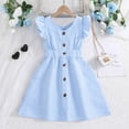 thumbnail image 1 of WhouRiu Girls Casual Striped Graphic Dresses Sleeveless Flutter Sleeve V Neck Buttons Dress Kids Comfortable Cute Summer Everyday Sundress,6-7 Years, 1 of 9