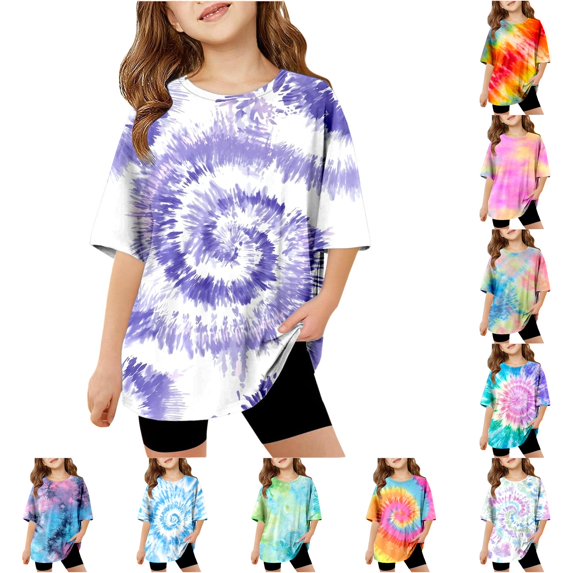 WhouRiu Girls Casual Tie Dye Graphic Tees Short Sleeve Crew Neck Tshirt Summer T Shirts 5-14 Years