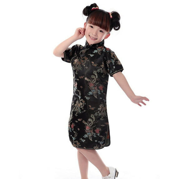 WhouRiu Girls Chinese Style Floral Cheongsam Short Sleeve Party Dress Black,Sizes 18-24 M
