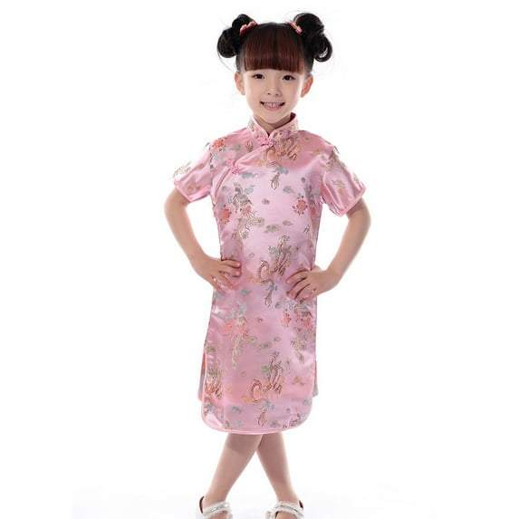 WhouRiu Girls Chinese Style Floral Cheongsam Short Sleeve Party Dress Pink,Sizes 12-18 M