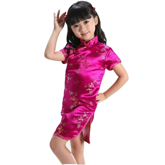 WhouRiu Girls Chinese Style Floral Cheongsam Short Sleeve Party Holiday Dress Pink,Sizes 4-5