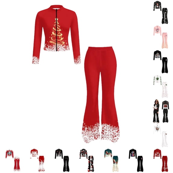 WhouRiu Girls Christmas Graphic Outfit Sets Fall Winter Long Sleeve Zip Up Jacket Flared Pants Clothes Set 4-14 Years