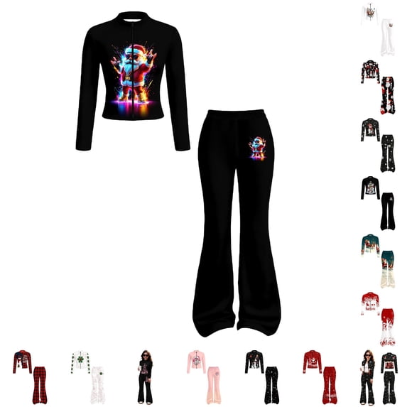 WhouRiu Girls Christmas Graphic Outfit Sets Fall Winter Long Sleeve Zip Up Jacket Flared Pants Clothes Set 4-14 Years