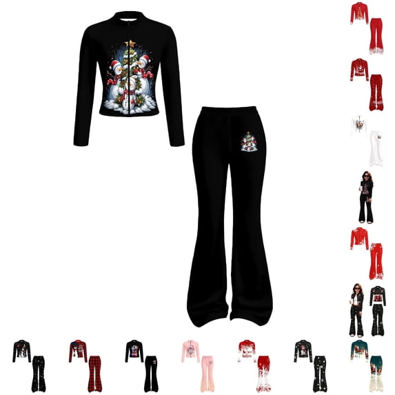 WhouRiu Girls Christmas Graphic Outfit Sets Fall Winter Long Sleeve Zip Up Jacket Flared Pants Clothes Set 4-14 Years