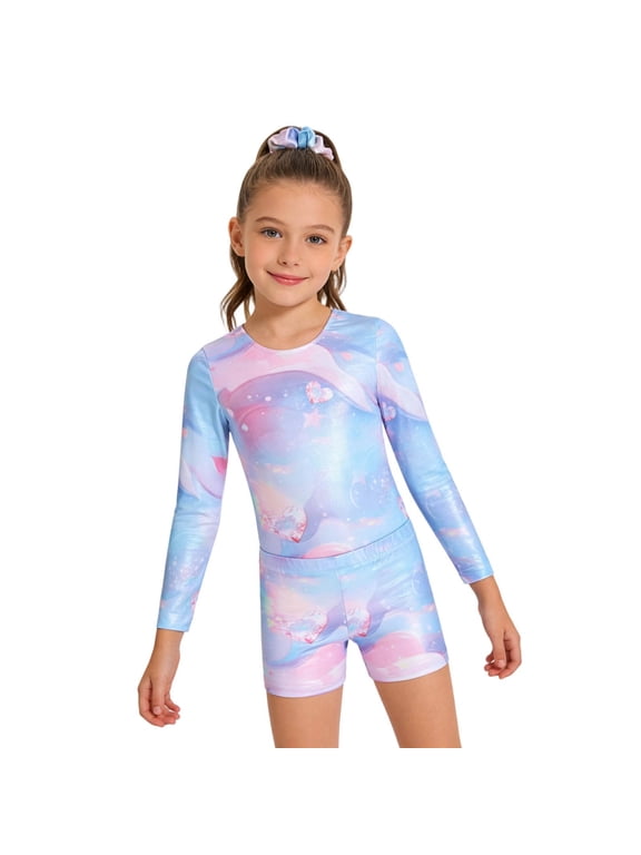 Girls Dance Gymnastics Outfit Sets Glitter Graphic Long Sleeve Leotard Shorts Hairband Clothes Set 5-12 Years