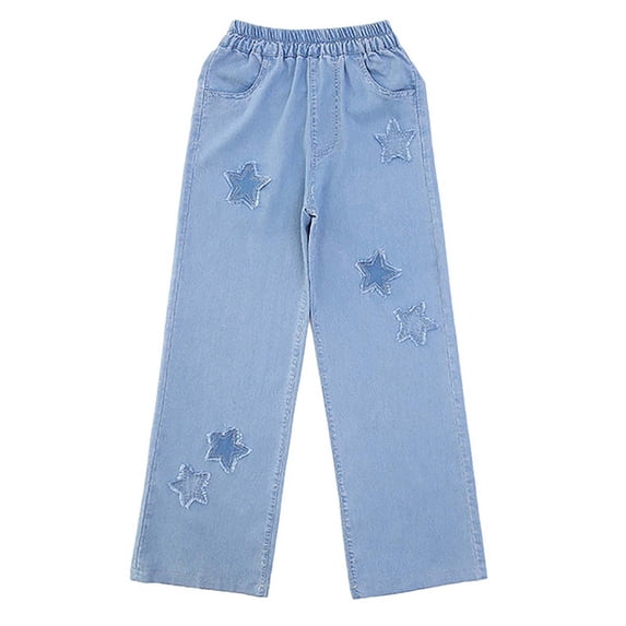 WhouRiu Girls Distressed Denim Pants Casual Elastic Waist Loose Straight Leg Jeans Kids Comfortable Versatile Everyday Trousers With Pockets,6-7 Years
