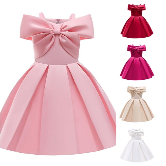 WhouRiu Girls Elegant Sleeveless Party Dresses Solid Color Bow Off The Shoulder A Line Ruffle Dress