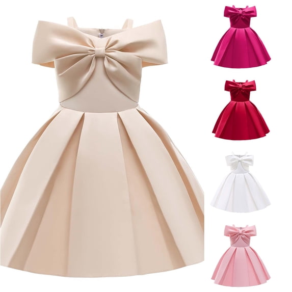 WhouRiu Girls Elegant Sleeveless Party Dresses Solid Color Bow Off The Shoulder A Line Ruffle Dress