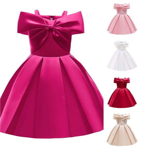 WhouRiu Girls Elegant Sleeveless Party Dresses Solid Color Bow Off The Shoulder A Line Ruffle Dress