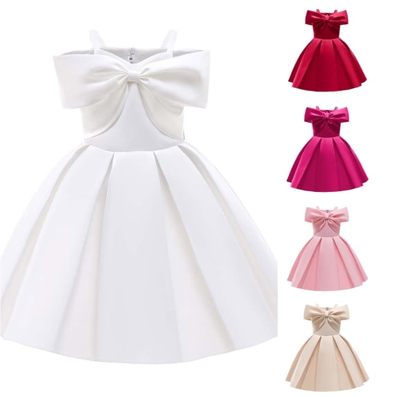 WhouRiu Girls Elegant Sleeveless Party Dresses Solid Color Bow Off The Shoulder A Line Ruffle Dress