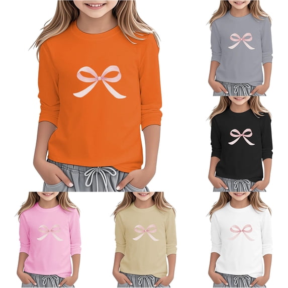 WhouRiu Girls Fashion Bow Graphic Tees Kids Three Quarter Sleeve Crew Neck Tshirt Autumn Comfortable Cute Casual T Shirts,6-7 Years