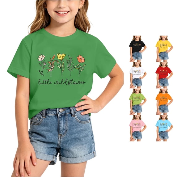 WhouRiu Girls Fashion Floral Graphic Tees Back To School Kids Short Sleeve Crew Neck Tshirt Comfortable Cute Casual Summer T Shirts,2-4 Years