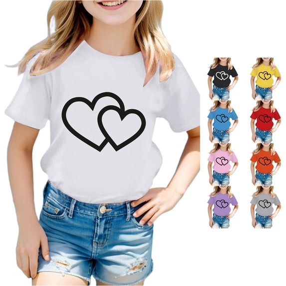 WhouRiu Girls Fashion Heart Graphic Tees Kids Short Sleeve Crew Neck Tshirt Comfortable Cute Casual Summer T Shirts,8-9 Years