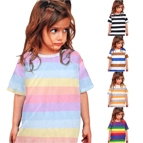 WhouRiu Girls Fashion Striped Graphic Tees Kids Short Sleeve Crew Neck Tshirt Comfortable Cute Casual Summer T Shirts,12-13 Years